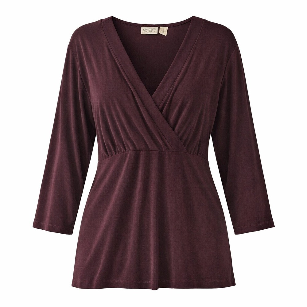 Chico's Travelers Top Stretch Slinky Knit V-Neck 3/4 Sleeve‎ Burgundy Size Large